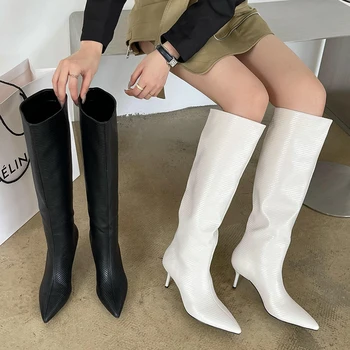 Модные женские современные длинные сапоги с острым носком Женская обувь Шпилька Каблуки Элегантная обувь для женщин Западные сапоги до колена 2023