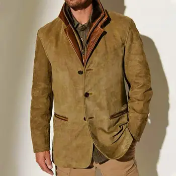 Мужская куртка с полной застежкой-молнией Мужская куртка в стиле ретро в стиле пэчворк с поддельным двухкомпонентным дизайном толстый плюшевый материал для зимы и осени