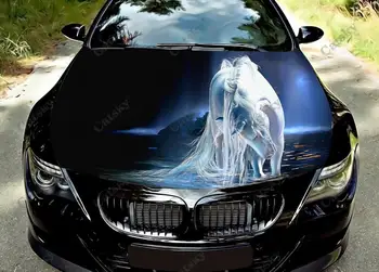  Cool White Running Horse Car Hood Cover Защита Vinly Wrap Наклейка Наклейка Авто Аксессуары Украшение Крышка двигателя для внедорожного пикапа