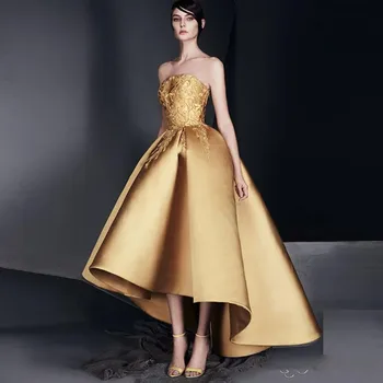 Элегантное золотое аппликация выпускной коктейльное платье без бретелек с высокими-низкими оборками вечернее платье новый дизайн высокое качество платья для возвращения домой