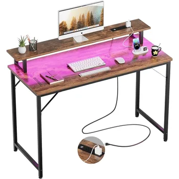 iSunirm 47-дюймовый компьютерный стол с розетками, игровой стол, рабочий стол для домашнего офиса с полкой для монитора, офисный стол