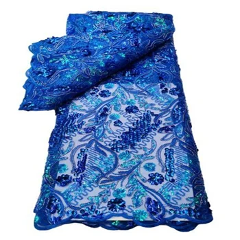 Королевский синий Африканская кружевная ткань 2023 Высококачественная французская кружевная ткань Розовые пайетки Нигерийские кружевные ткани для свадебного шитья
