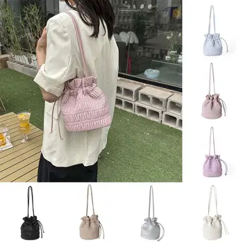  Корейский стиль Плиссированная сумка-ведро Симпатичный дизайн ниши Сумки из искусственной кожи на шнурке Однотонная сумка для подмышек Девушки