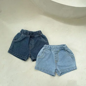 Летняя детская одежда Однотонные джинсовые брюки Прямые шорты для девочек Брюки для мальчиков Детские джинсы