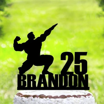 Пользовательское имя и возраст Мускулистый мужчина С днем рождения торт топпер, Спортивный мужской силуэт торт топпер, Бодибилдер день рождения топпер