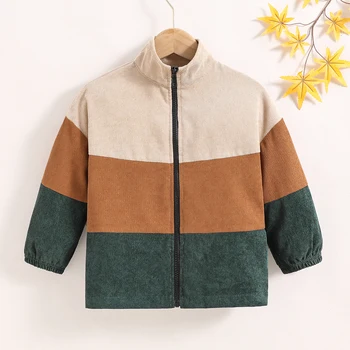  Осенняя новая куртка для девочек 4-7 лет Трехцветное вельветовое пальто в стиле пэчворк для девочек Корейская версия Простое повседневное пальто
