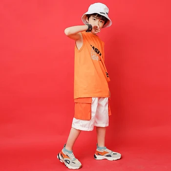 Новый Cool Boys Зеленый Оранжевый Без рукавов Нестандартная футболка Топ Или Черные Белые Шорты Костюм Дети Хип-хоп Танцевальная одежда