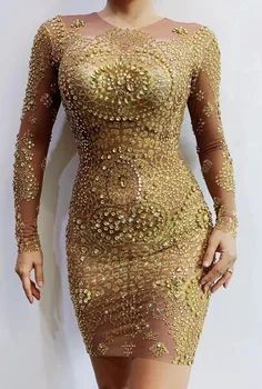 новый прозрачный сетчатый золотой камень платье вечер день рождения празднование сцены одежда певица выступление костюм цзиньлунь