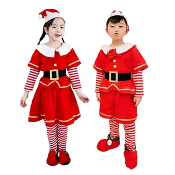 Рождественская семья Санта-Клаус Костюм Дети Красный эльф Одежда Новый год Карнавал Косплей для мальчиков и девочек