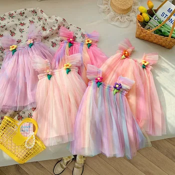 Детская одежда Радужная сетка Платье для девочек Лето Трехмерная юбка принцессы для девочек с цветами