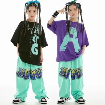лето дети свободная хлопковая футболка брюки для мальчиков хип-хоп наряд современный джаз танцевальный костюм для девочек kpop performance wear