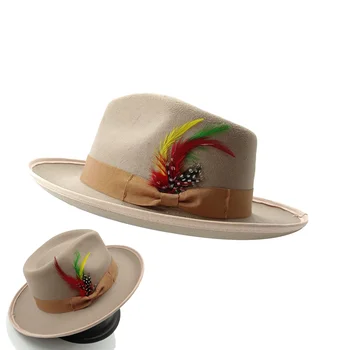 Water Drop Top Классическая мягкая шляпа Маленькая мужская фетровая шляпа с плоским верхом Pearl Feather Polk Pi Coffee Gift Hat Gorras para hombres