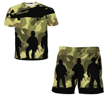 2023 Популярный камуфляж 4-12Y Костюм для мальчиков Одежда с военным принтом Девочки 3D мужчины Детская летняя одежда Детские топы Футболка шорты