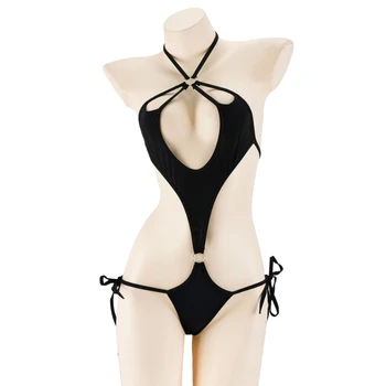 амин трехточечное бикини комплект женский цельный купальник японский милый черный полый купальник недоуздок сексуальное боди косплей костюм