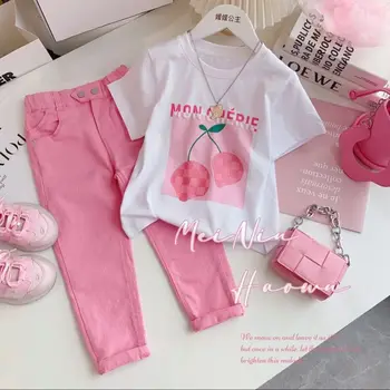 Розничная продажа новых летних симпатичных подростковых наборов для девочек, мультяшная футболка + розовые джинсовые брюки 4-10 T