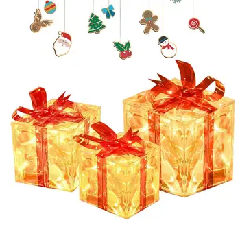  Освещенная наружная рождественская подарочная коробка Набор из 3 и 2 режимов Освещенные рождественские коробки Украшения Елочные коробки Коробки с огнями Светодиодный внутренний