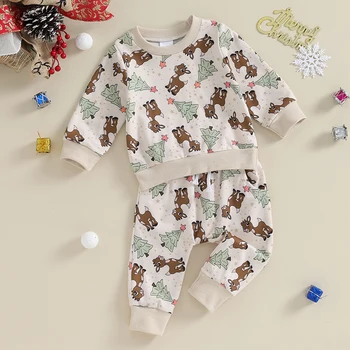  Комплект детских рождественских брюк Толстовка с принтом оленя и эластичная талия Брюки Наряды для новорожденных 2 шт. Костюмы