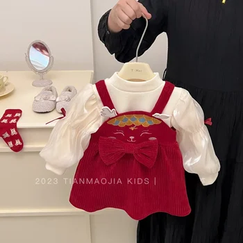 Юбка для девочек на подтяжках Костюм Бархатная зимняя одежда Красная мода Платье детской принцессы Детская одежда для поклонения Дракону