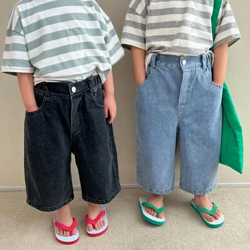 Летняя мода Детские однотонные джинсовые брюки с широкими штанинами Детские свободные повседневные брюки длиной до щиколотки