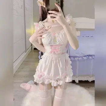 Розовая корова горничная кролик девушка униформа лолита кролик сексуальные костюмы на хэллоуин для женщин нижнее белье непослушная ночная рубашка косплей аниме платье