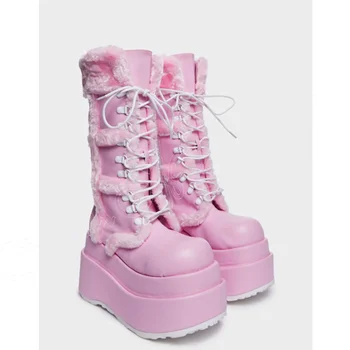 Розовый мех Декор Короткие панк-сапоги Шнуровка на платформе Танкетки Обувь на высоком каблуке для женщин Высокие каблуки 2023 Новинка Sweet Zapatos Para Mujere