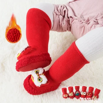 Красный Праздничный Рождественский Новогодний Шерстяной Круг Утолщенный Принцесса Детская Обувь и Носки Китай Ветровая Трубка Нескользящий Новорожденный Ребенок