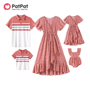 PatPat Family Подходящие рубашки-поло Naia™ с короткими рукавами и платья-поло с V-образным вырезом и оборками с принтом по всему периметру