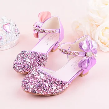 2024 Туфли принцессы с бантом для девочек на высоком каблуке, детские блестящие танцевальные туфли, фиолетовые, розовые и серебристые 26-38