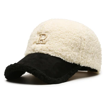 Зимняя шапка из шерсти ягненка с буквой R, с расширенным дизайном плюшевой теплой бейсболки, регулируемой пряжкой кепки, утиным языком, шляпой