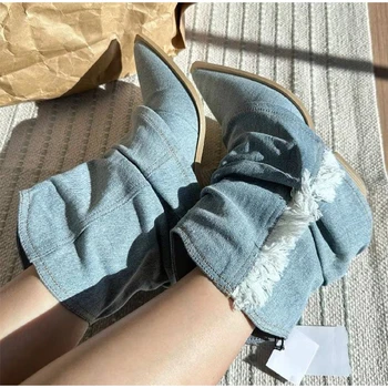  Новые синие джинсовые женские высокие сапоги осень 2023 женские сапоги на толстом каблуке с острым носком Slip On Western Boots Обувь Стильная Универсальная