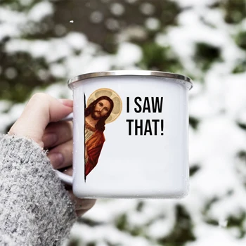 цитата из мема иисуса Я видел этого забавного Иисуса Кофейная кружка юмор эмалированная чашка подарить другу