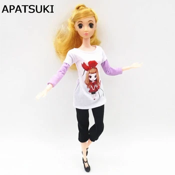 1SET Аксессуары для кукол Белая окрашенная фиолетовая футболка в стиле пэчворк и черные короткие брюки Одежда для Барби Кукольный дом Игрушки для девочки