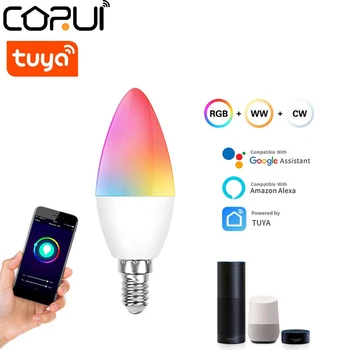 Tuya Smart Bulb E14 E12 5W RGB + CW + WW WiFi + синий зуб Двухрежимное голосовое управление с регулируемой яркостью света работает с Alexa Google Assistant