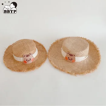  Мультяшная соломенная шляпа ручной работы для маленьких девочек Летняя солнцезащитная шляпа с плоскими полями с плоским верхом Пляжная кепка на шнуровке Новорожденный Фотореквизит