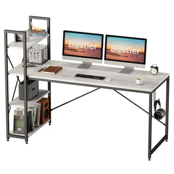 63'' Компьютерный стол с полками для домашнего офиса в цвете Дуб Ретро Серый - Светлый