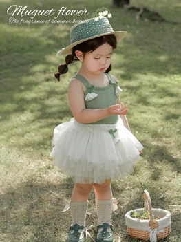 Одежда для девочек Лето Baby Mesh Princess 2023 Цветок Пушистая полуюбка Skir
