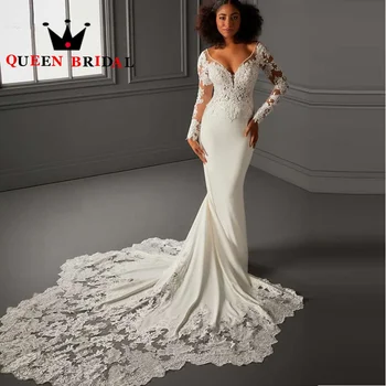 аппликации кружева русалка свадебные платья с открытой спиной с длинным рукавом до пола формальные платья невесты Robe de Mariée Custom Y79X