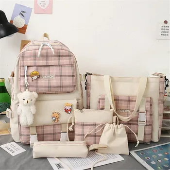 EZONE 5 шт. Клетчатый рюкзак Комбинированный набор с булавкой и подвеской для медведя Детские рюкзаки Школьная сумка Эстетический рюкзак