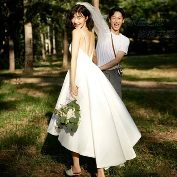 2023 Маленький тонкий легкий ремешок для свадебного платья Simple Forest Series Outdoor Travel Photography Атласная короткая спина без рукавов V-образная