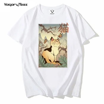 Японская кошка Традиционная живопись Графика Классическая футболка Принт Мужчины Футболка Рубашка Одежда O-Neck уличная футболка