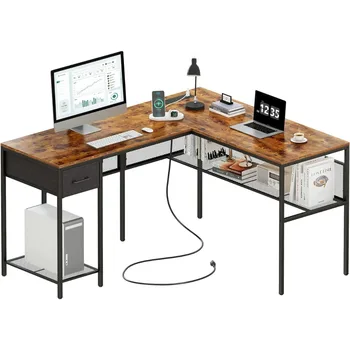 SUPERJARE L-образный стол, компьютерный стол с выдвижным ящиком, двусторонний угловой стол с книжной полкой для хранения сетки, стол для домашнего офиса