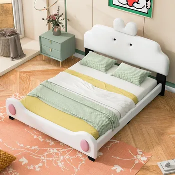 Детская кровать, мягкая кровать-платформа с мультяшной доской и ножной педалью, кровать с поддержкой плоской лапши