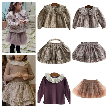 Одежда для девочек для малышей 2023 Корейские дети Девочки Милый принт Куртка Пальто и юбки Нижняя рубашка Принцесса Наряд Набор
